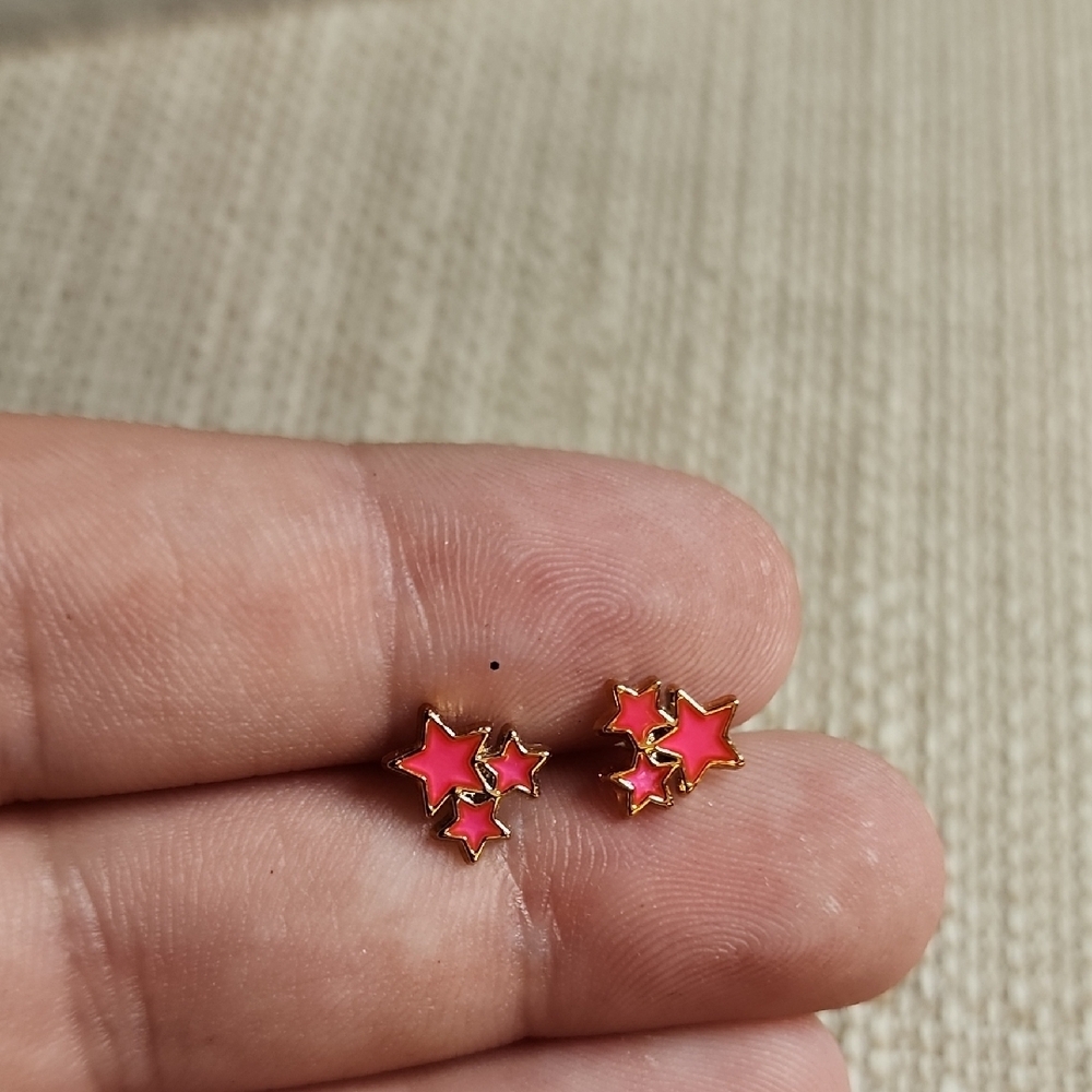 Gold Star Earrings with Pink Accents